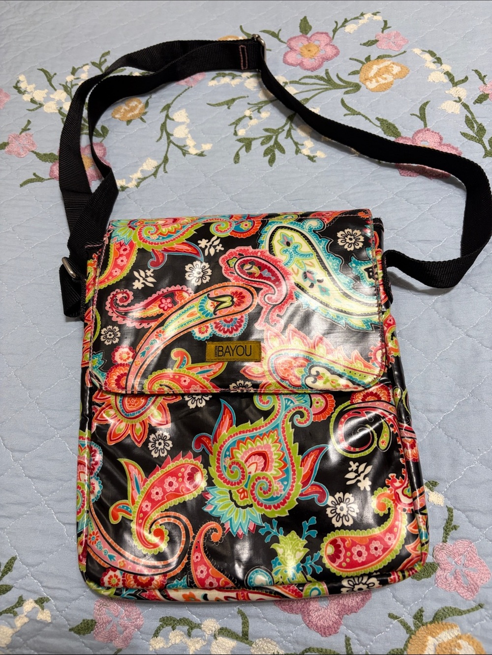 Bayou Paisley PreOwned Vibrant Colorful with Black Base Crossbody Durable Bag